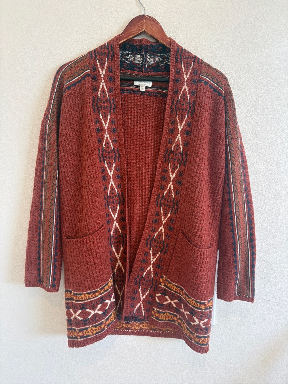 Lucky Brand Women's Knit Cardigan Sweater Brown Geometric Open Front Pockets